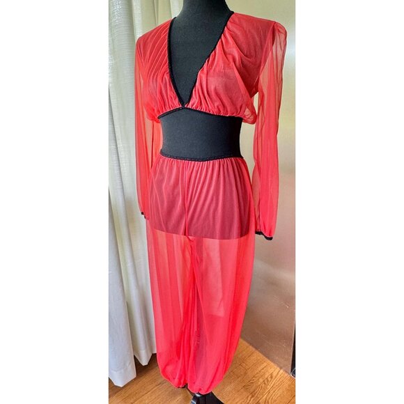 Vintage 1970s lingerie set, lipstick red, black trim, Genie harem style pajama - Picture 2 of 8